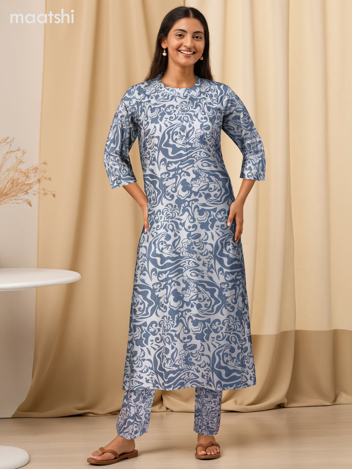 Cotton co-ord set off white and bluish grey with allover prints & simple neck pattern and palazzo pant