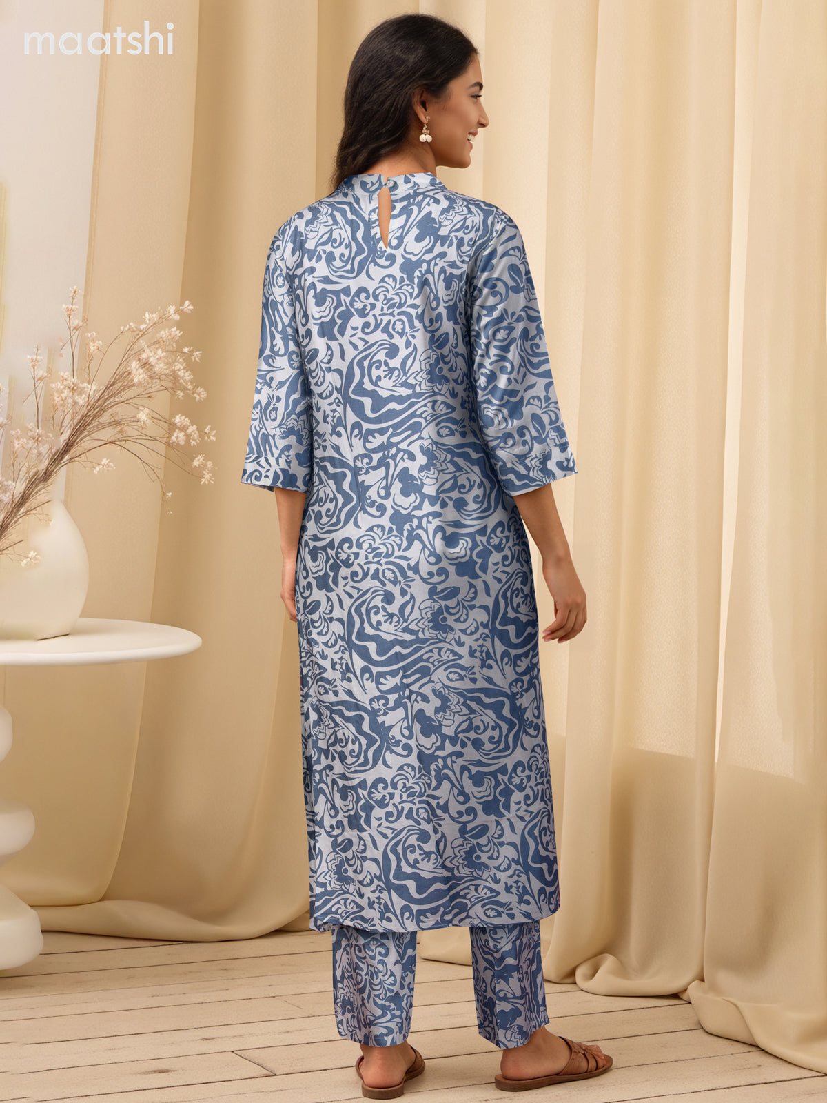 Cotton co-ord set off white and bluish grey with allover prints & simple neck pattern and palazzo pant