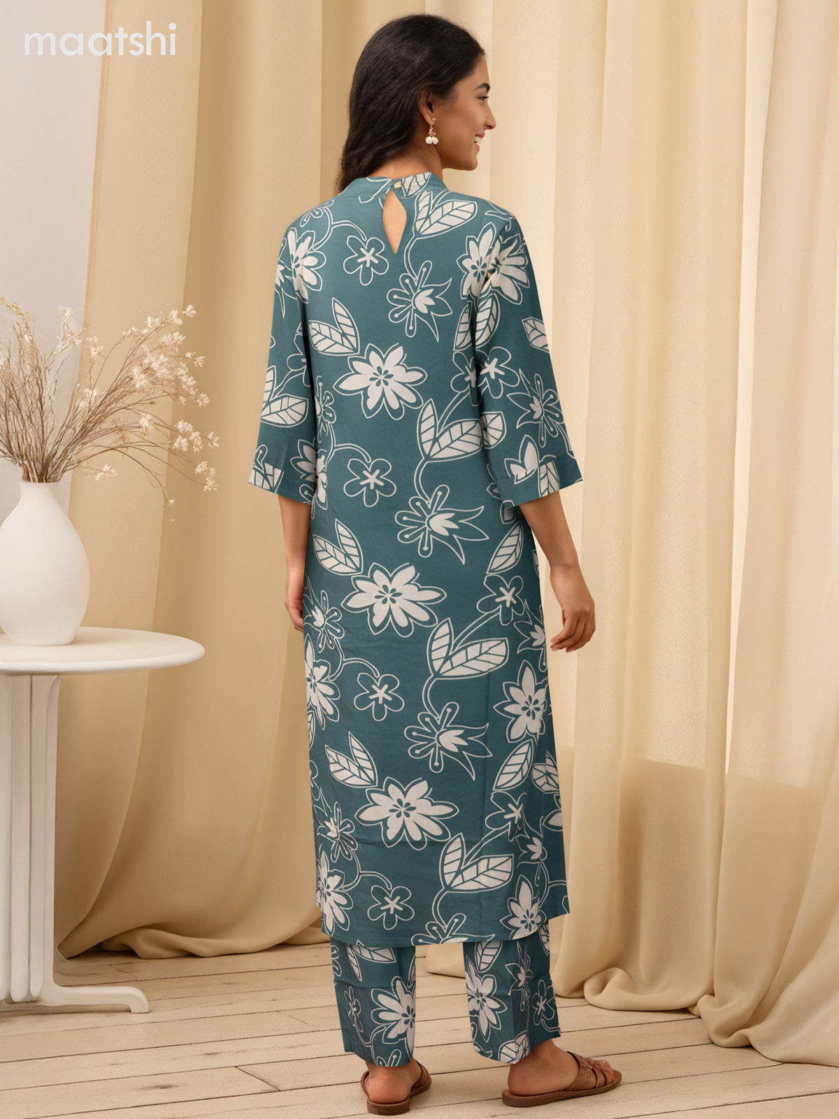 Cotton co-ord set teal blue shade and cream with floral prints & simple neck pattern and palazzo pant