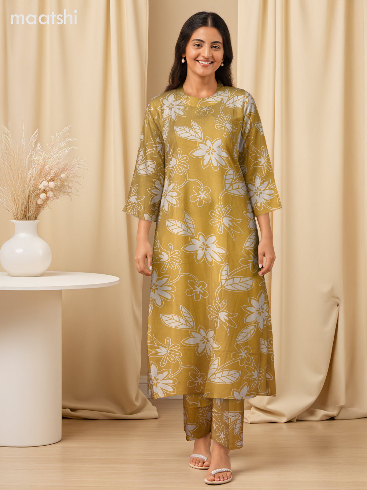Cotton co-ord set mustard yellow and cream with floral prints & simple neck pattern and palazzo pant