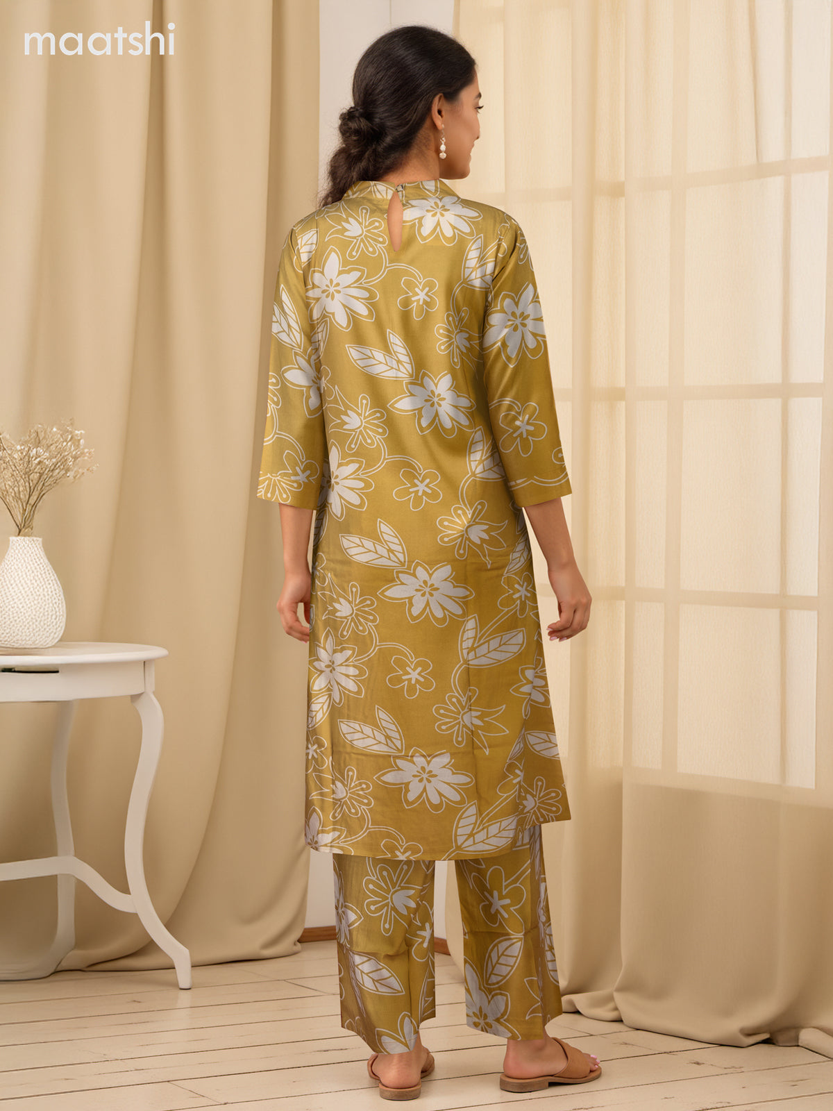 Cotton co-ord set mustard yellow and cream with floral prints & simple neck pattern and palazzo pant