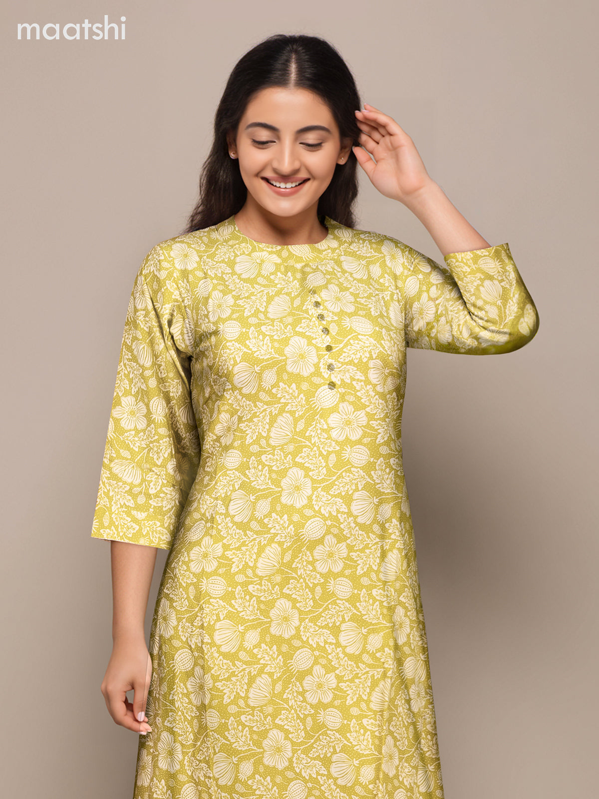 Cotton co-ord set lime green and cream with floral prints & simple neck pattern and palazzo pant