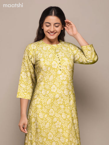 Cotton co-ord set lime green and cream with floral prints & simple neck pattern and palazzo pant