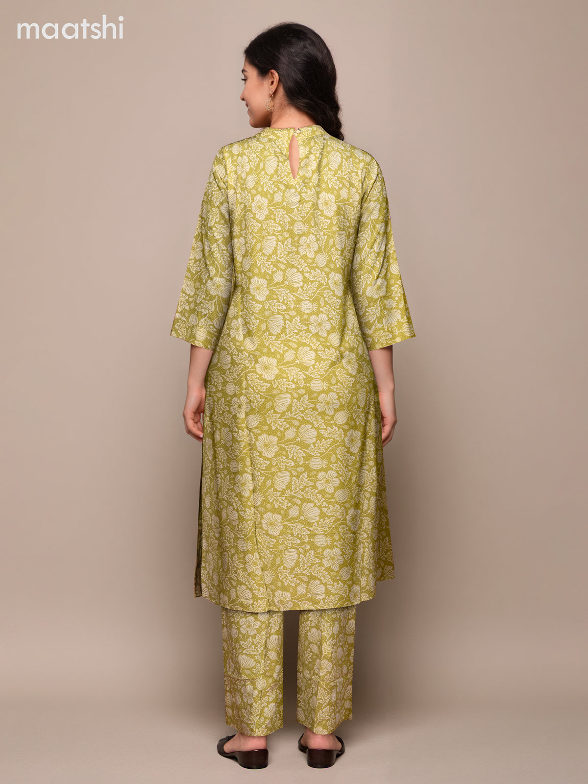 Cotton co-ord set lime green and cream with floral prints & simple neck pattern and palazzo pant