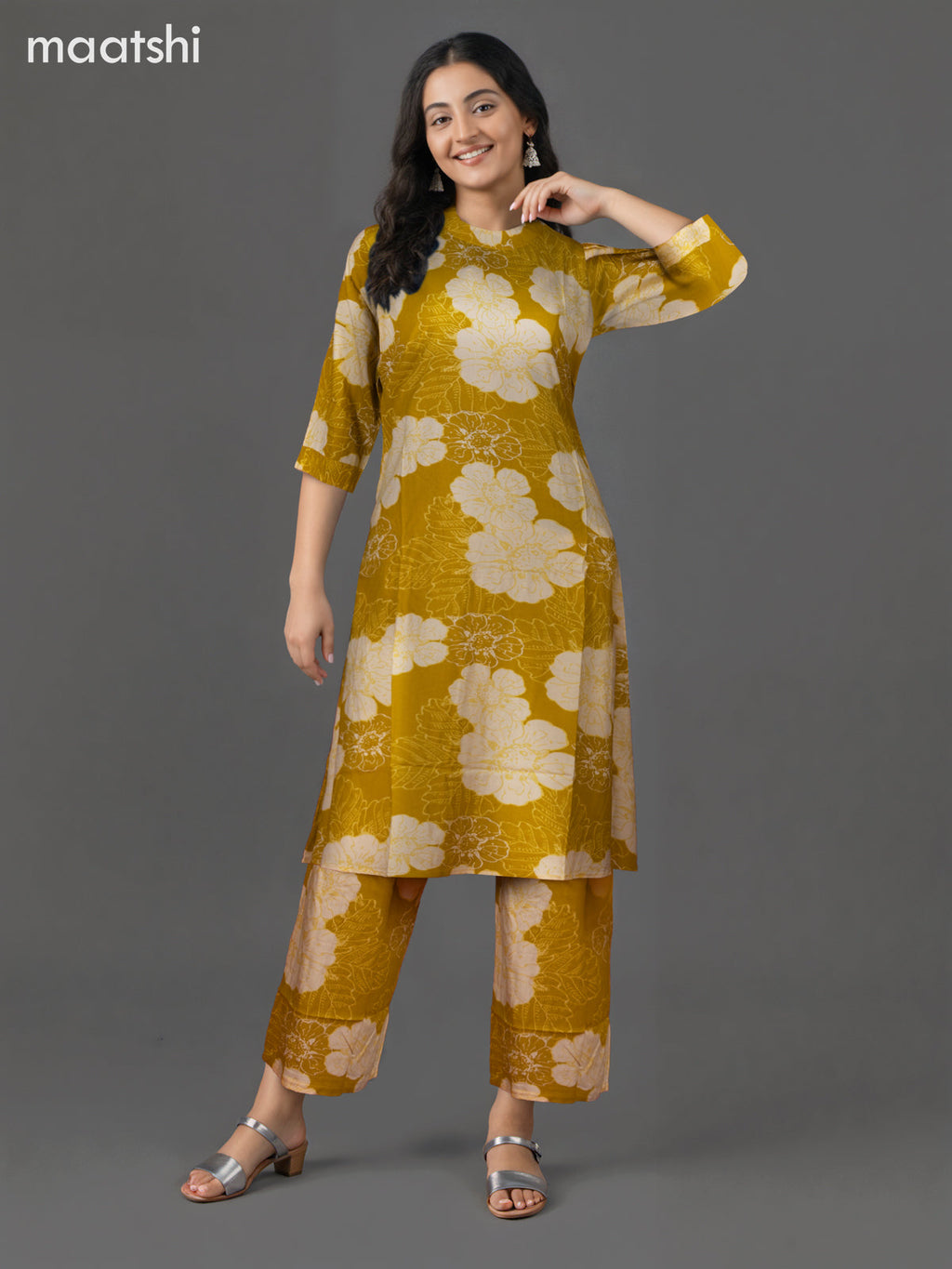 Cotton co-ord set mustard yellow with floral prints & simple neck pattern and palazzo pant