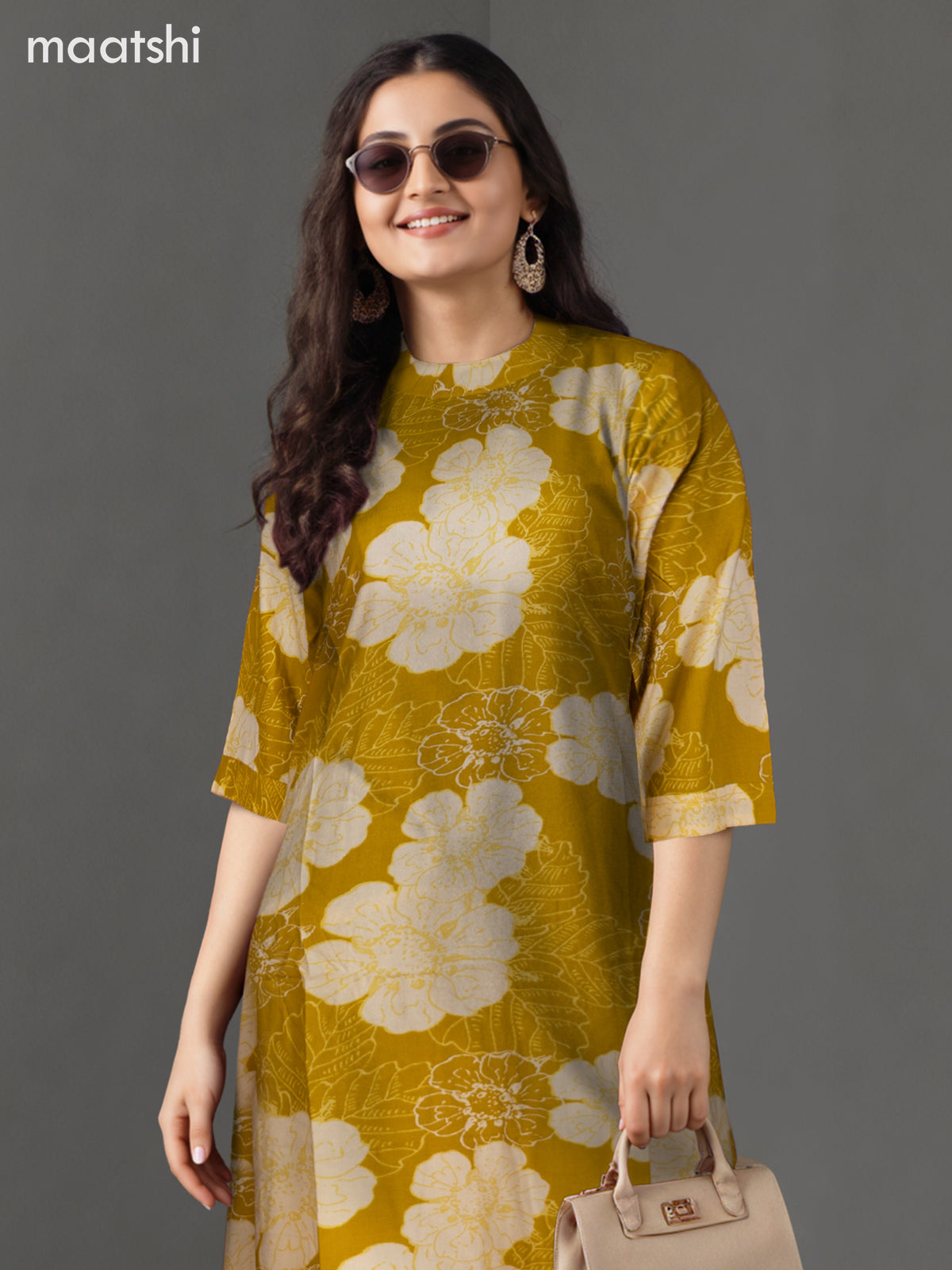 Cotton co-ord set mustard yellow with floral prints & simple neck pattern and palazzo pant