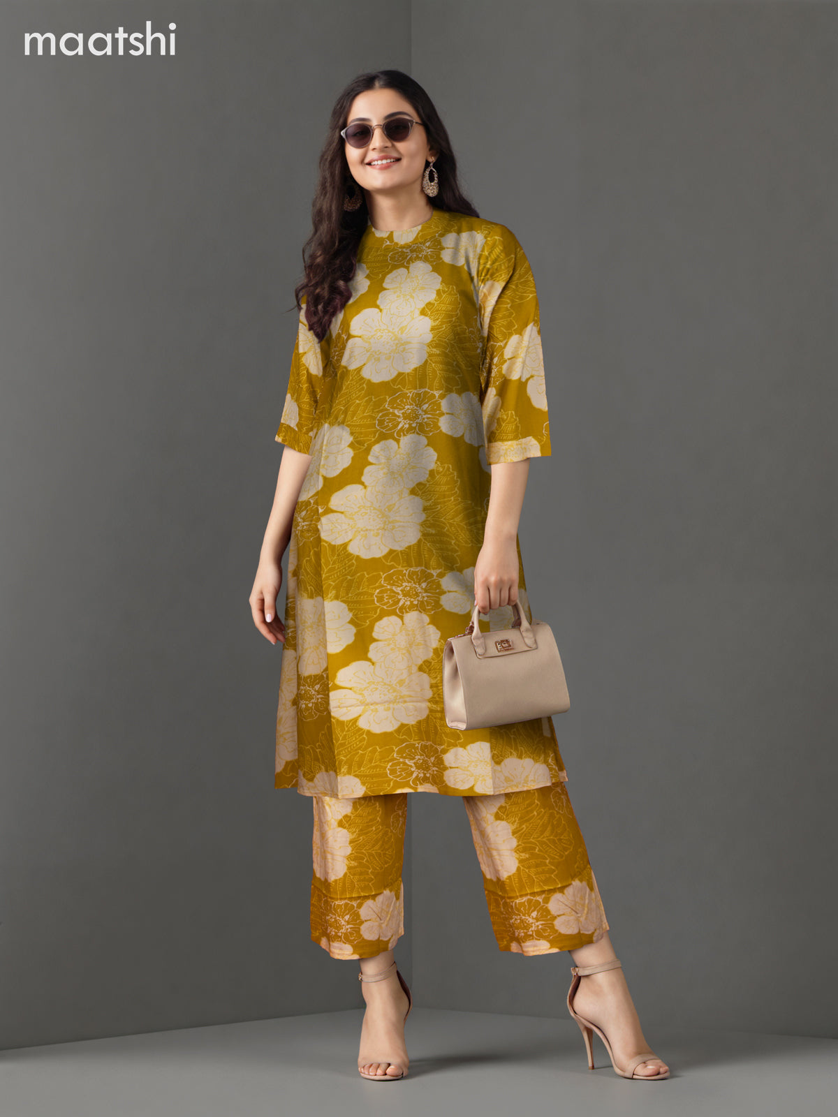 Cotton co-ord set mustard yellow with floral prints & simple neck pattern and palazzo pant