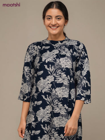 Cotton co-ord set navy blue and off white with floral prints & simple neck pattern and palazzo pant