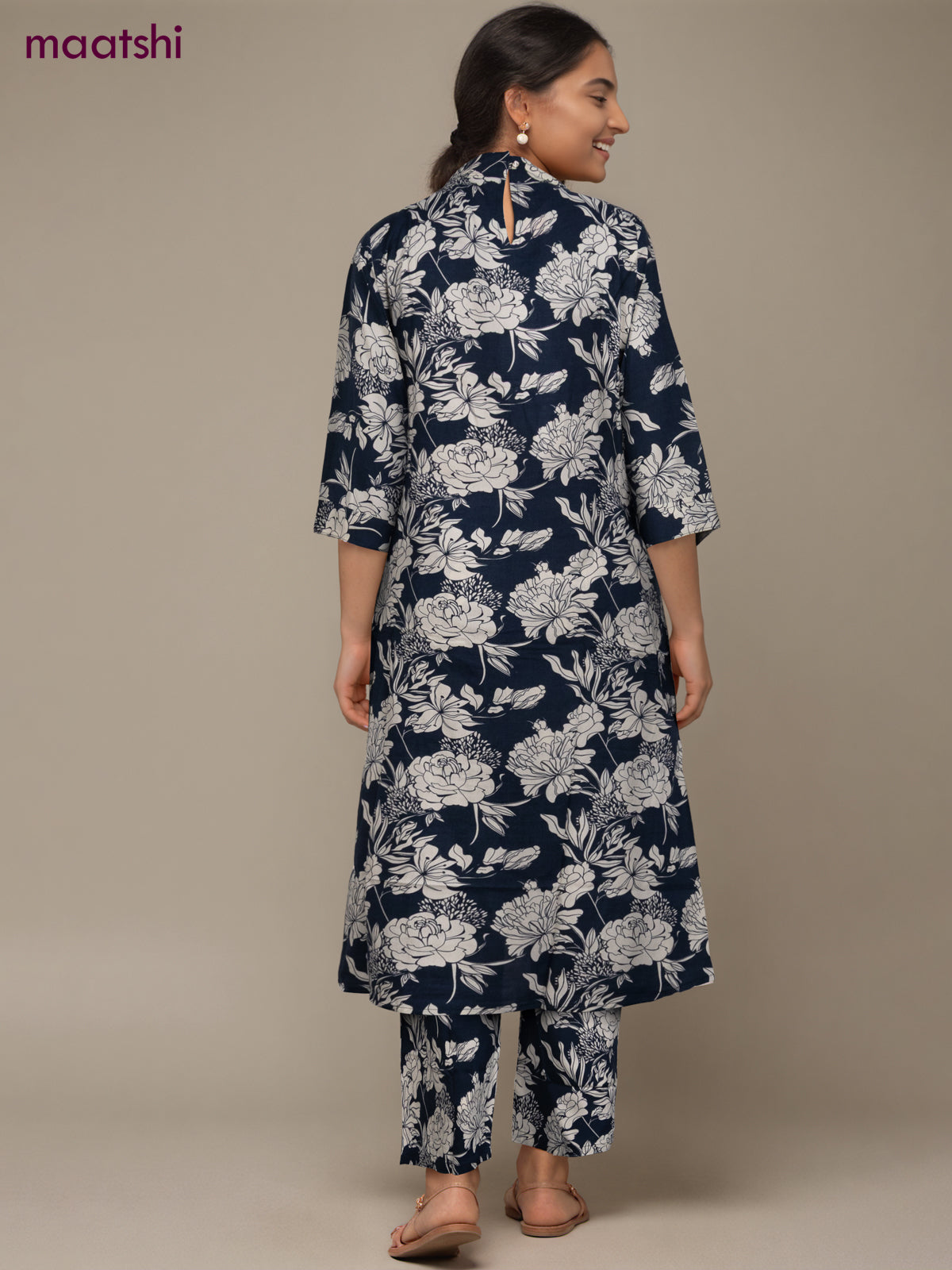 Cotton co-ord set navy blue and off white with floral prints & simple neck pattern and palazzo pant
