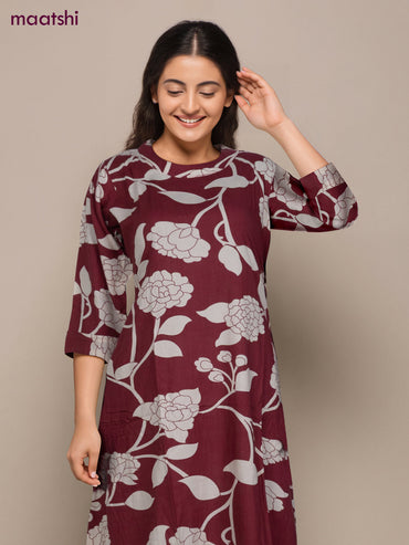 Cotton co-ord set maroon and off white with floral prints & simple neck pattern and palazzo pant