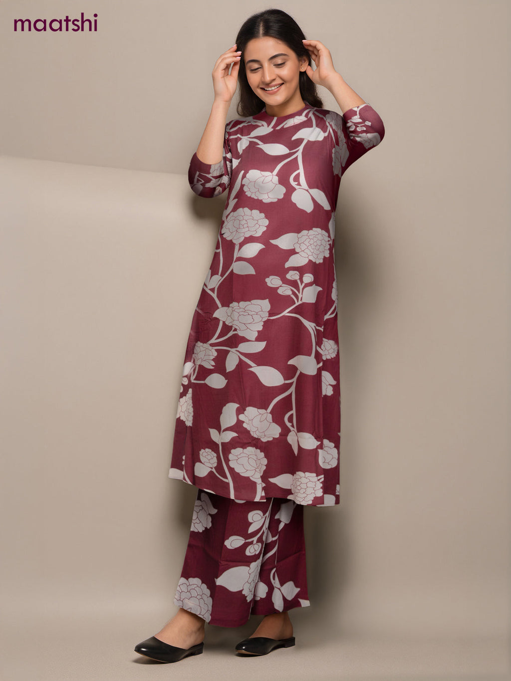Cotton co-ord set maroon and off white with floral prints & simple neck pattern and palazzo pant