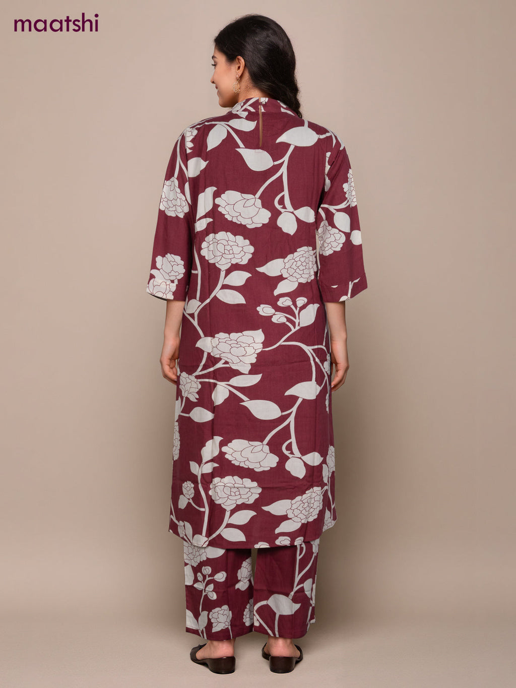 Cotton co-ord set maroon and off white with floral prints & simple neck pattern and palazzo pant