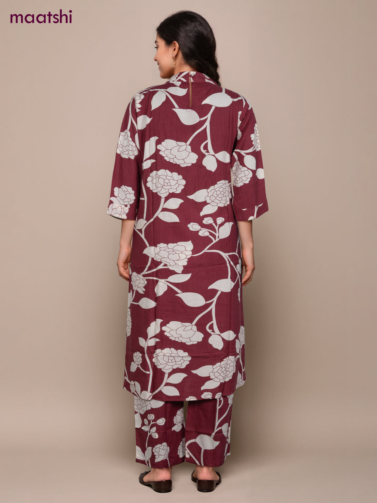 Cotton co-ord set maroon and off white with floral prints & simple neck pattern and palazzo pant