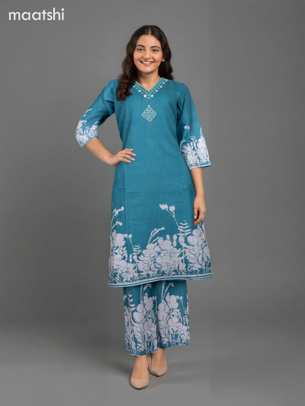 Cotton co-ord set teal green with placement print & mirror embroidery work v neck pattern and palazzo pant