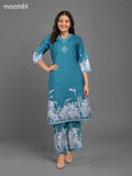 Cotton co-ord set teal green with placement print & mirror embroidery work v neck pattern and palazzo pant