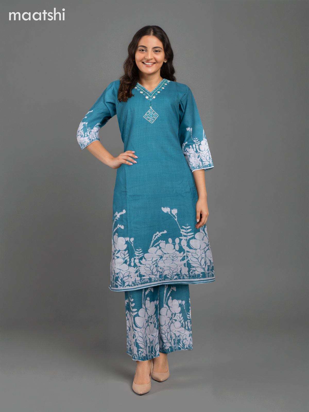 Cotton co-ord set teal green with placement print & mirror embroidery work v neck pattern and palazzo pant