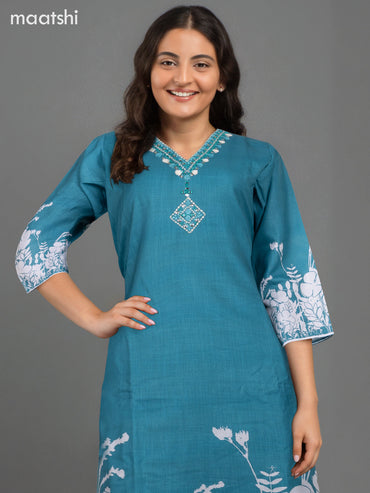 Cotton co-ord set teal green with placement print & mirror embroidery work v neck pattern and palazzo pant