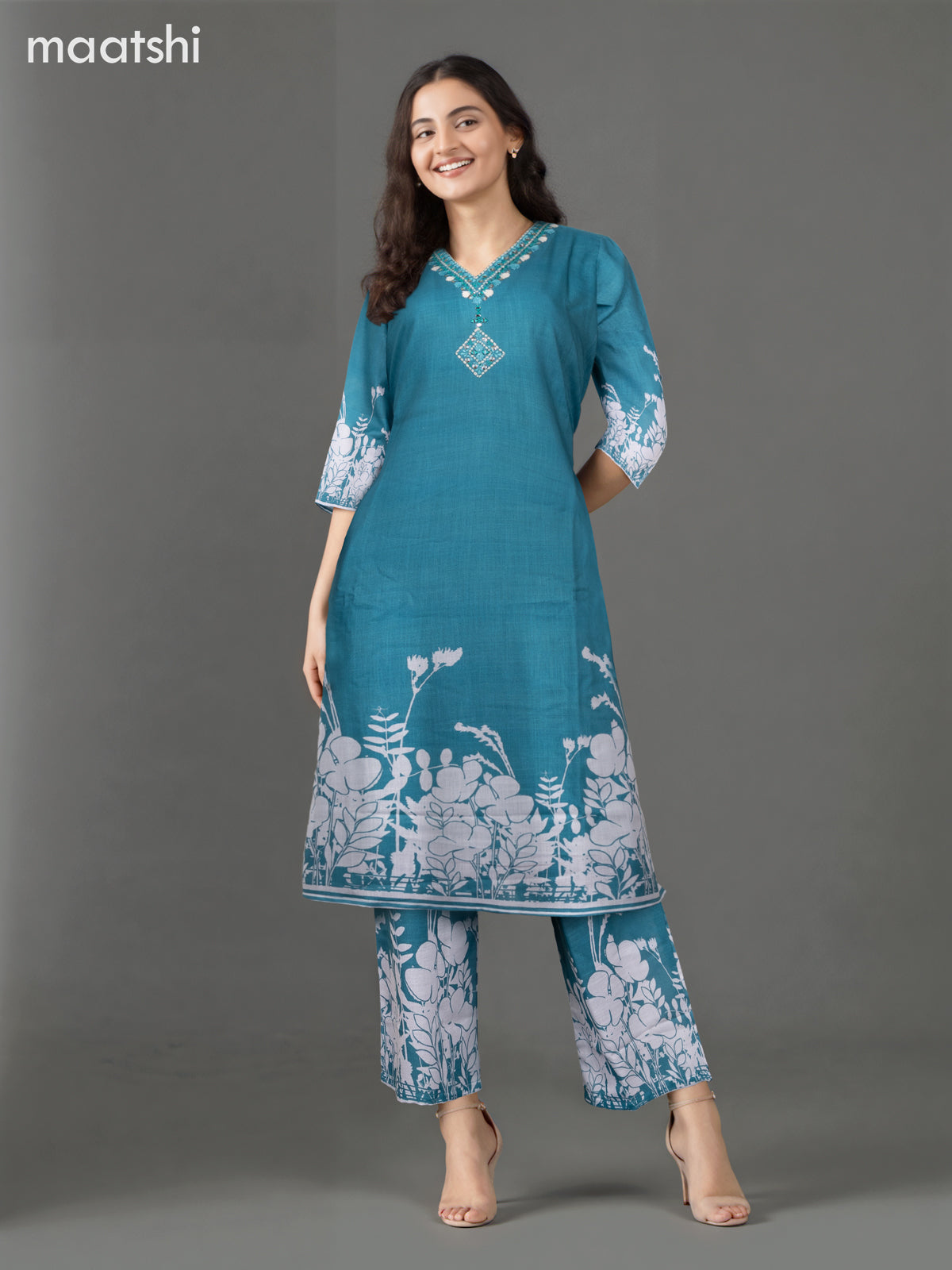 Cotton co-ord set teal green with placement print & mirror embroidery work v neck pattern and palazzo pant