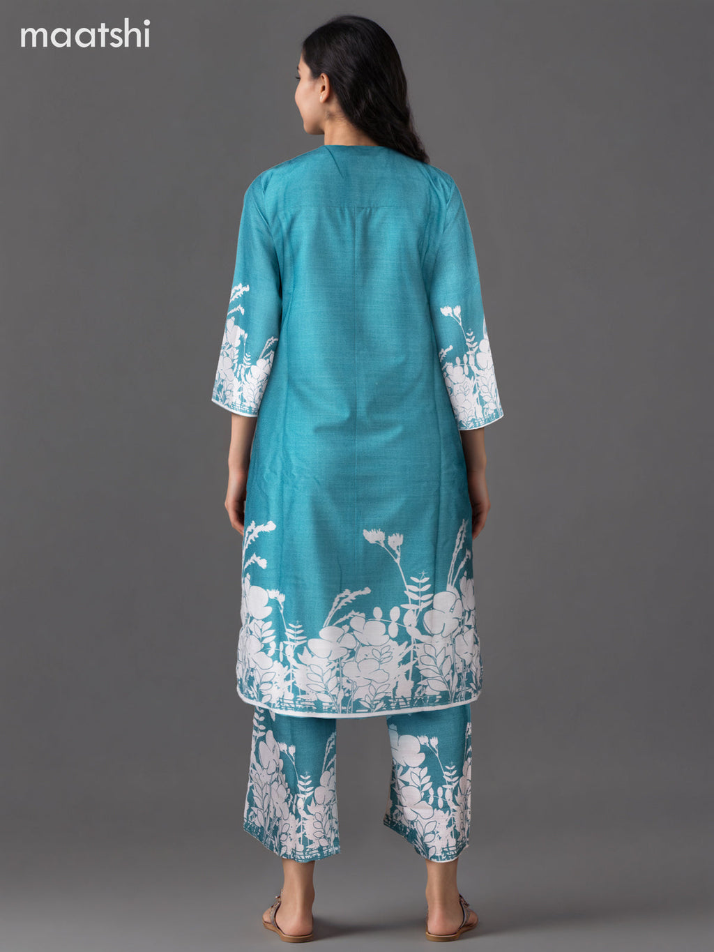 Cotton co-ord set teal green with placement print & mirror embroidery work v neck pattern and palazzo pant