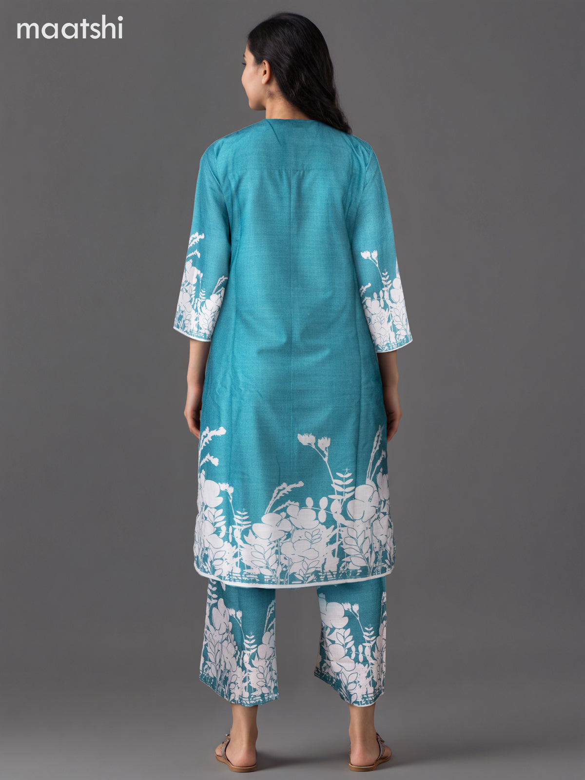 Cotton co-ord set teal green with placement print & mirror embroidery work v neck pattern and palazzo pant