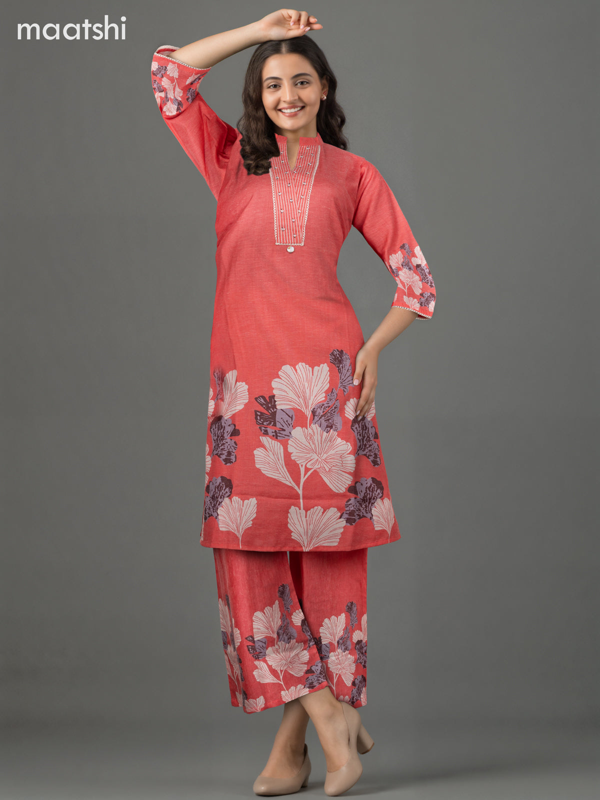Cotton co-ord set peach pink with placement prints & beaded work lace work neck pattern  and palazzo pant