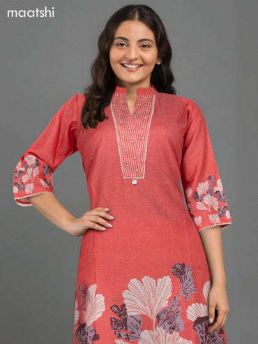 Cotton co-ord set peach pink with placement prints & beaded work lace work neck pattern  and palazzo pant