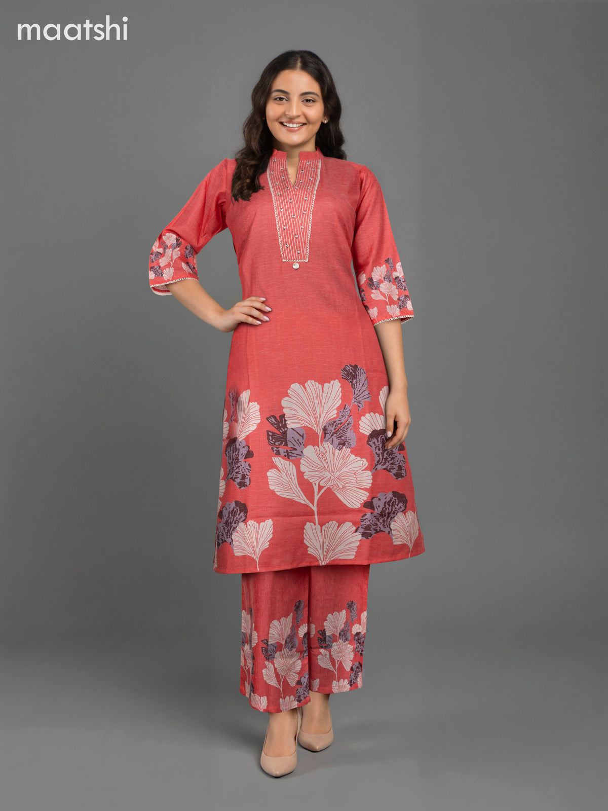 Cotton co-ord set peach pink with placement prints & beaded work lace work neck pattern  and palazzo pant