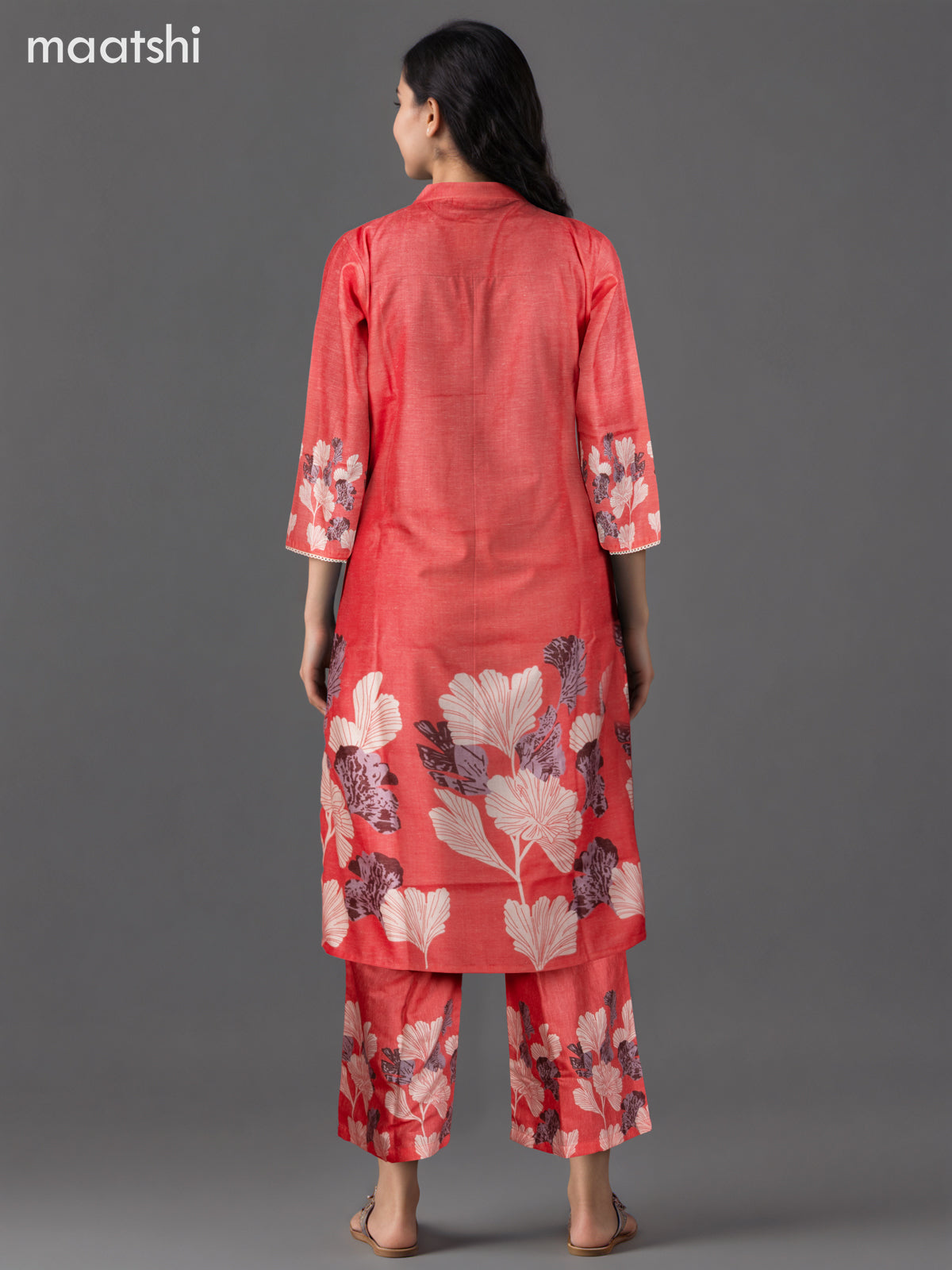 Cotton co-ord set peach pink with placement prints & beaded work lace work neck pattern  and palazzo pant