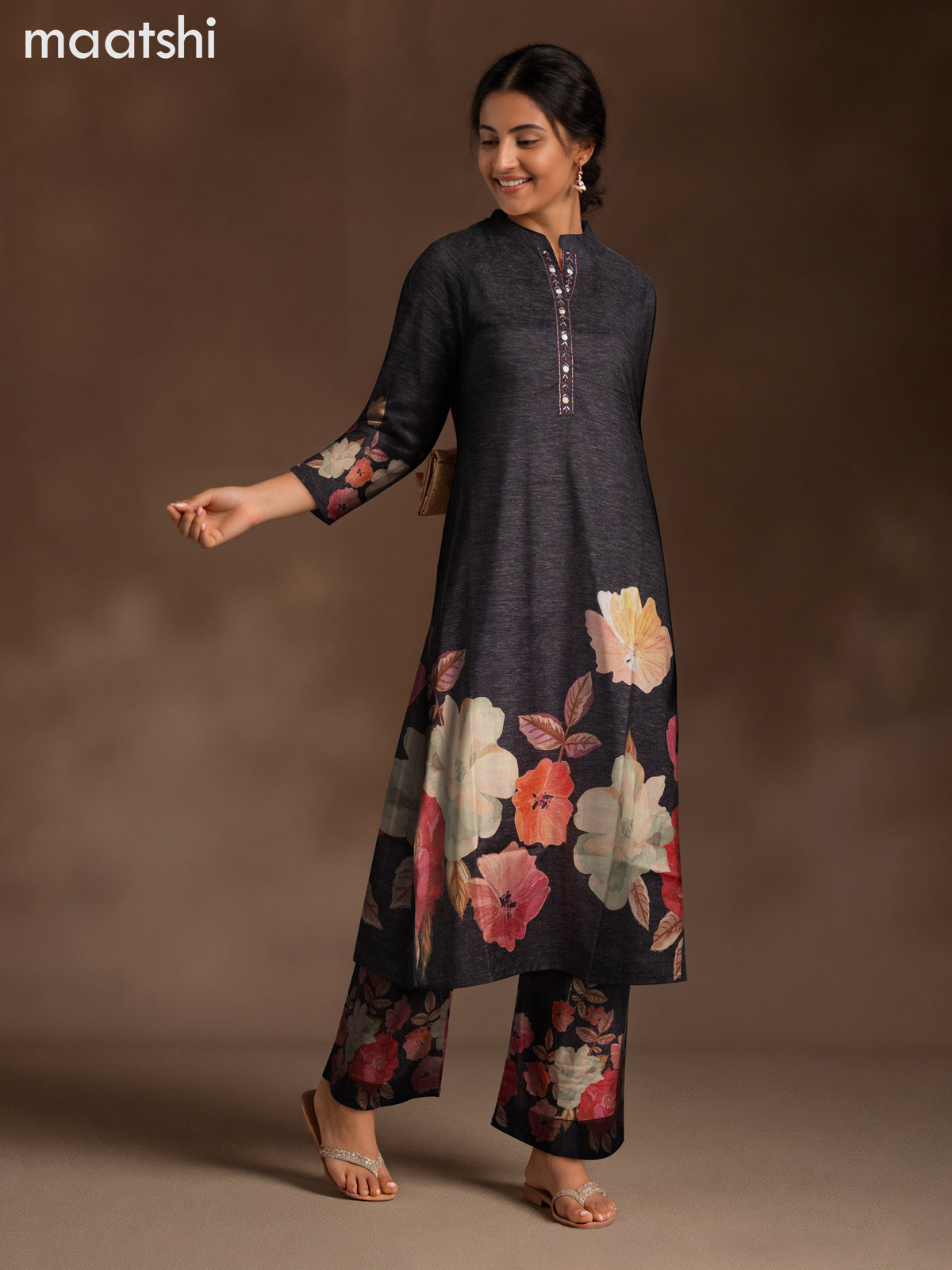 Cotton co-ord set elephant grey with placement prints & beaded work neck pattern and palazzo pant