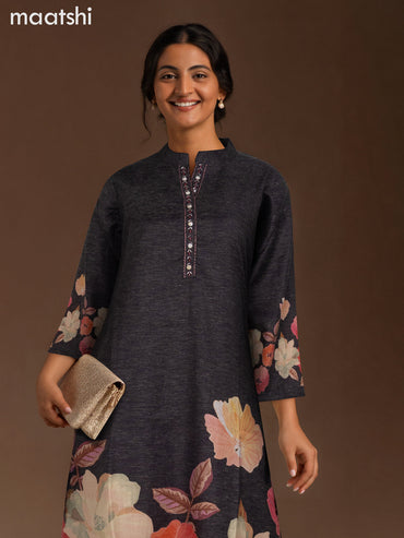 Cotton co-ord set elephant grey with placement prints & beaded work neck pattern and palazzo pant