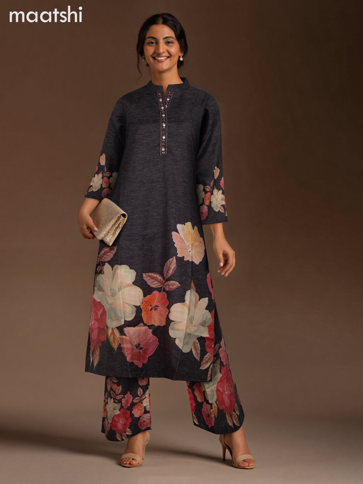 Cotton co-ord set elephant grey with placement prints & beaded work neck pattern and palazzo pant