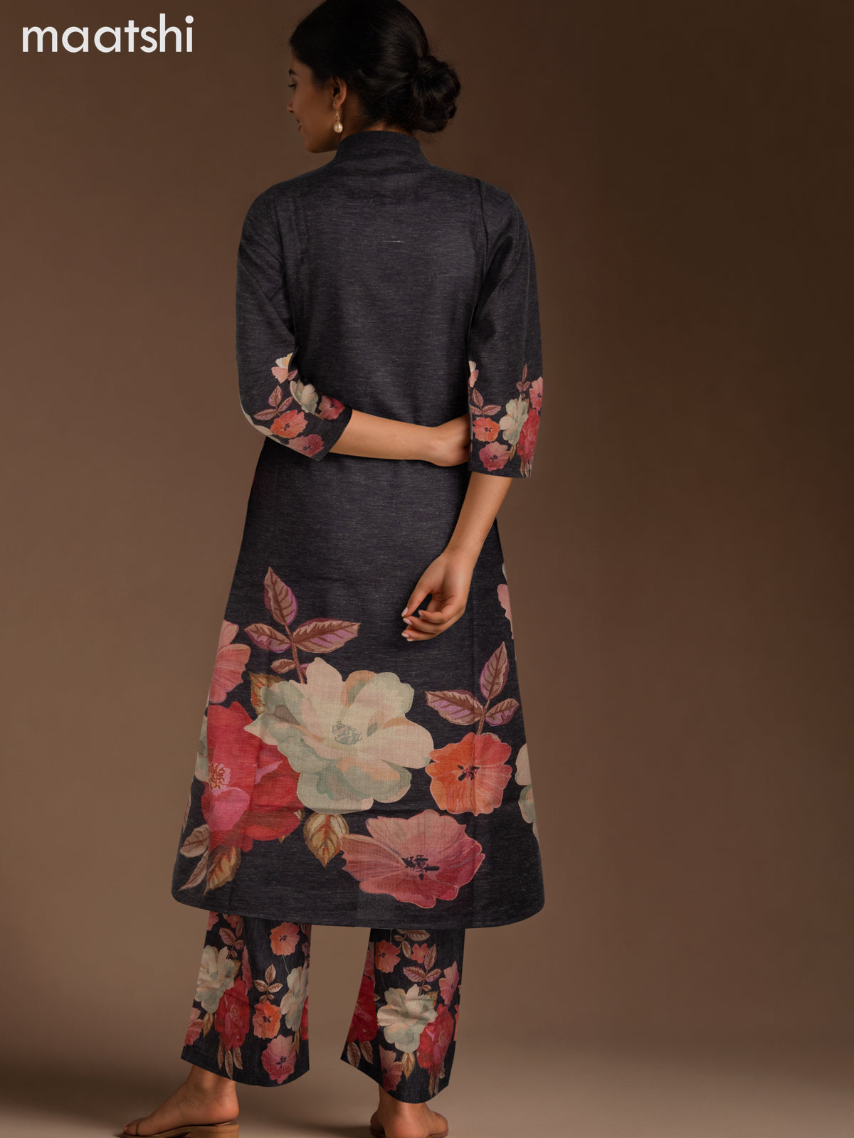 Cotton co-ord set elephant grey with placement prints & beaded work neck pattern and palazzo pant