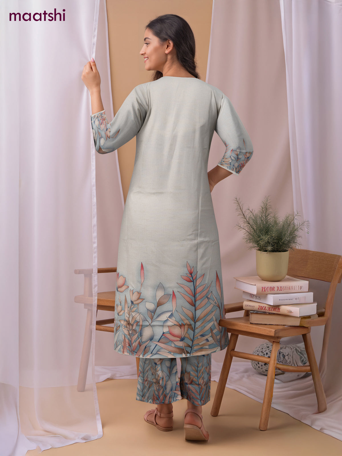 Cotton co-ord set off white with placement prints & beaded work neck pattern and palazzo pant