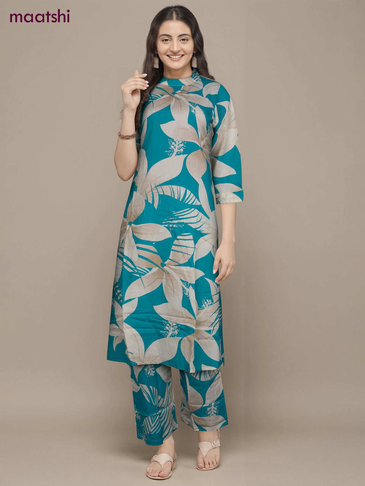 Cotton co-ord set teal blue and cream with floral prints & simple neck pattern and palazzo pant