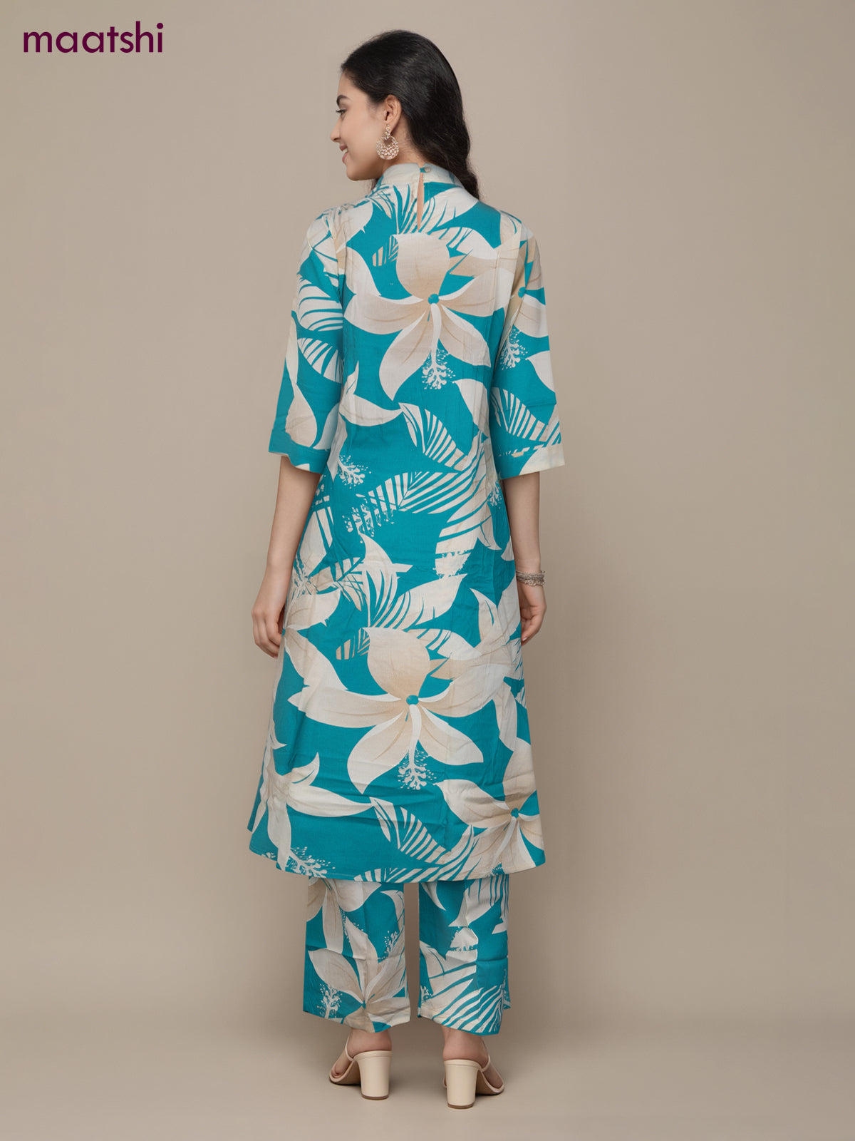 Cotton co-ord set teal blue and cream with floral prints & simple neck pattern and palazzo pant