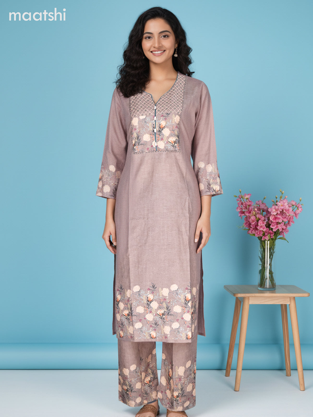 Beige Cotton Blend Foral Printed Co-Ord Set