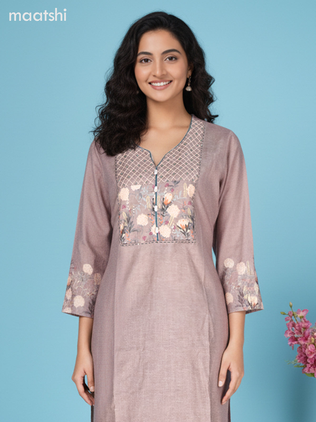 Beige Cotton Blend Foral Printed Co-Ord Set