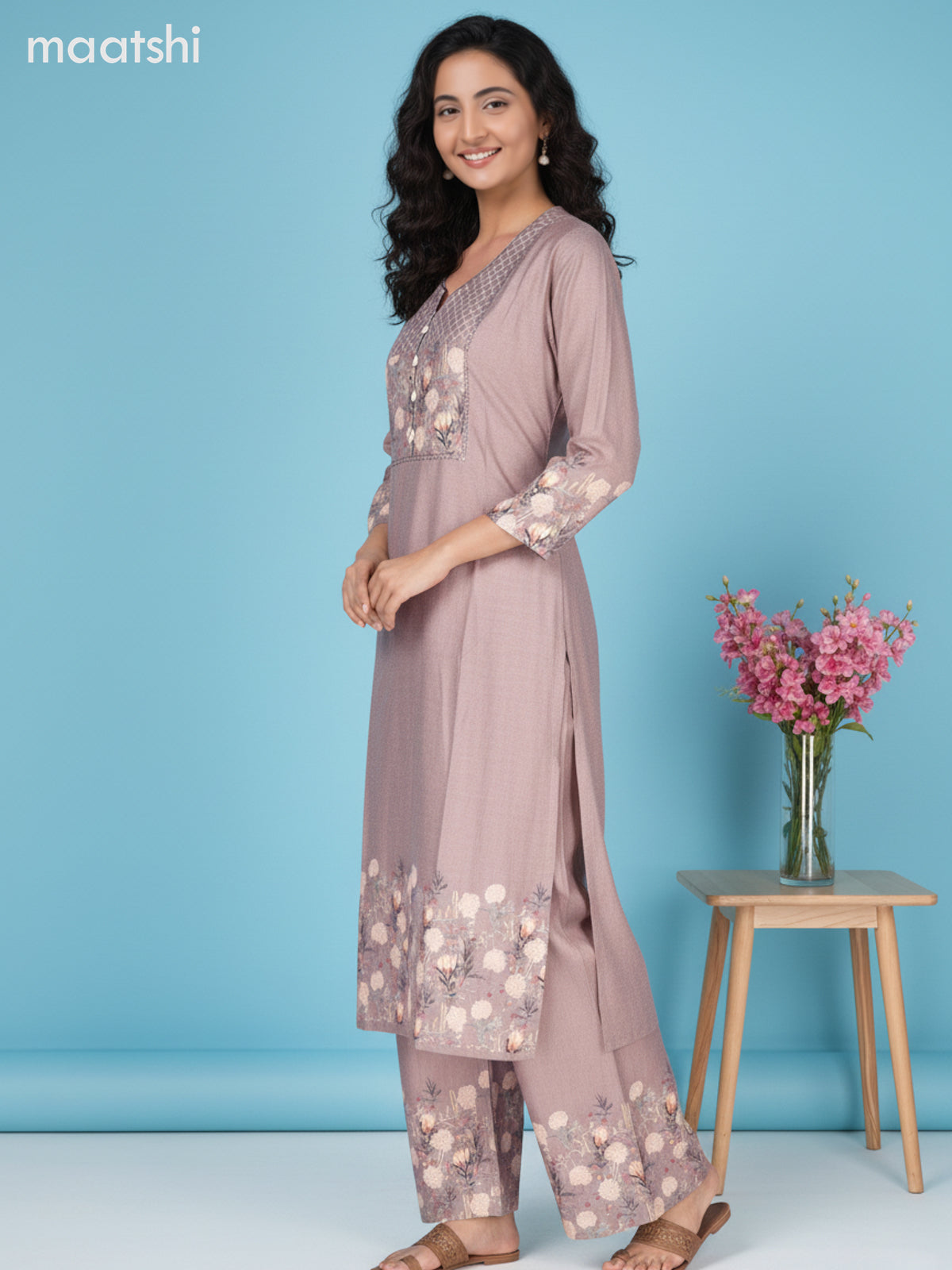 Beige Cotton Blend Foral Printed Co-Ord Set