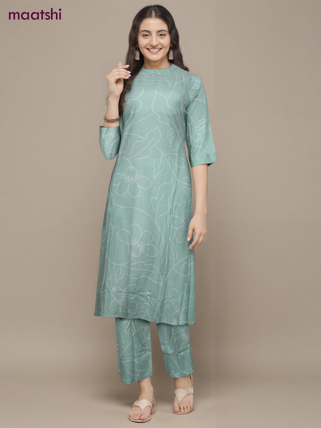 Cotton co-ord set teal shade and cream with allover floral prints & simple neck pattern and palazzo pant
