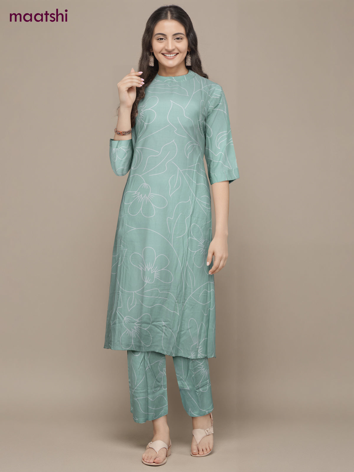 Cotton co-ord set teal shade and cream with allover floral prints & simple neck pattern and palazzo pant