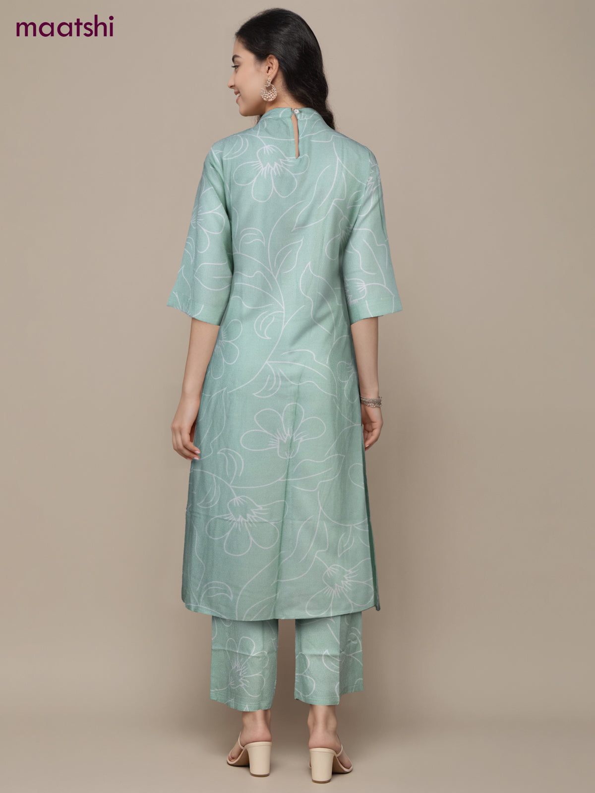 Cotton co-ord set teal shade and cream with allover floral prints & simple neck pattern and palazzo pant