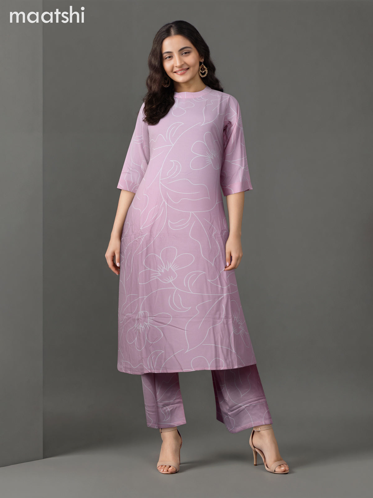Cotton co-ord set baby pink and cream with allover floral prints & simple neck pattern and palazzo pant