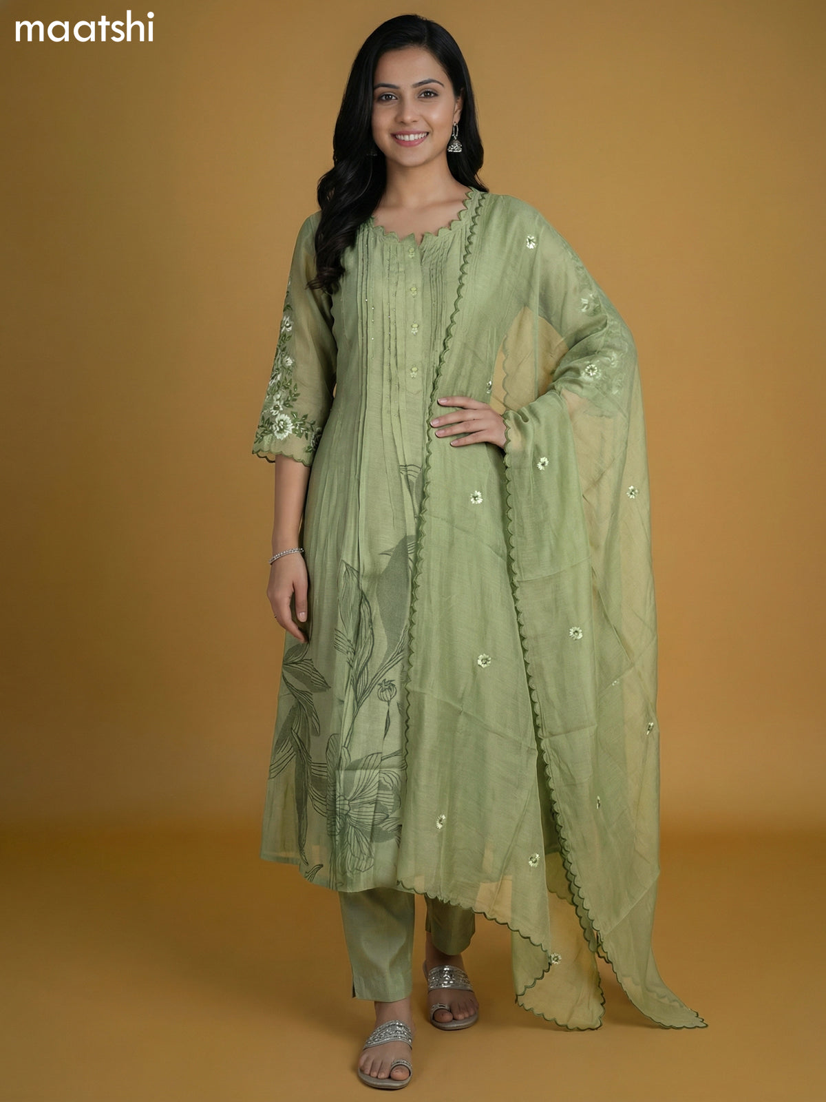 Pastel Green Chanderi Printed Anarkali Suit