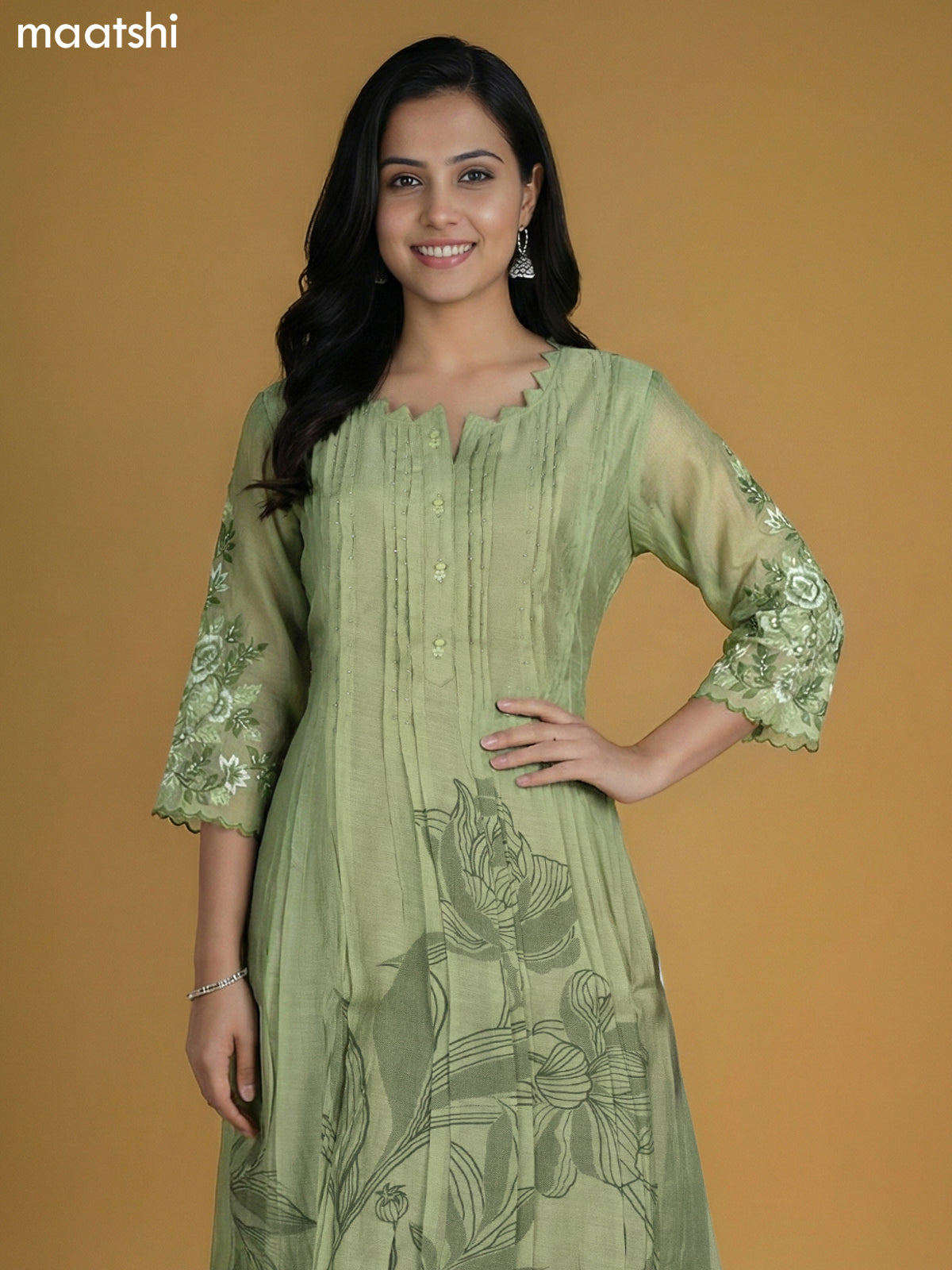 Pastel Green Chanderi Printed Anarkali Suit