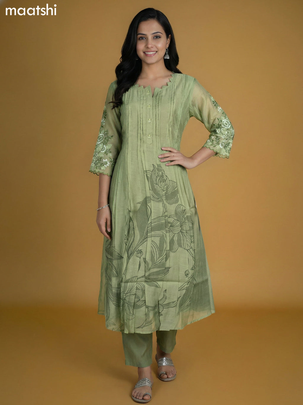 Pastel Green Chanderi Printed Anarkali Suit