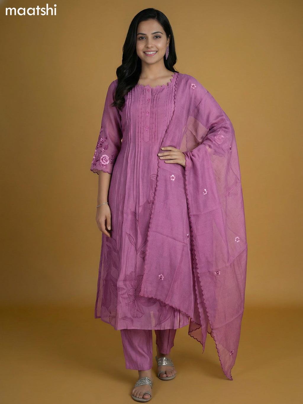 Pastel Pink Shade Chanderi Printed Anarkali Suit
