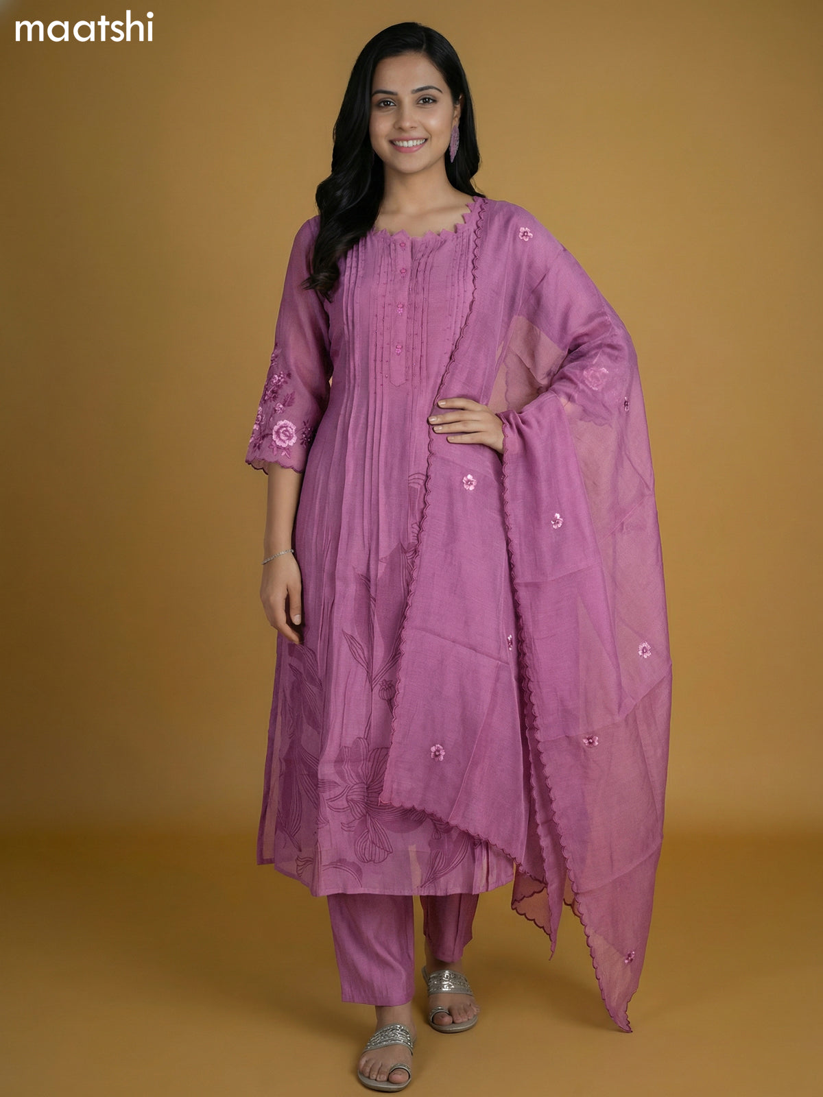 Pastel Pink Shade Chanderi Printed Anarkali Suit