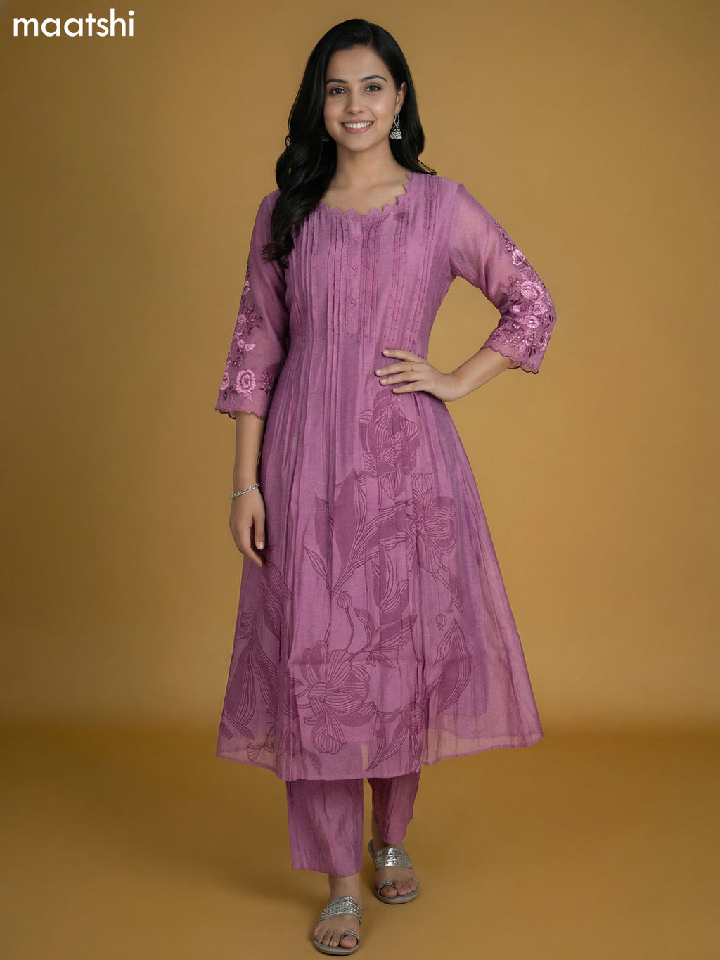 Pastel Pink Shade Chanderi Printed Anarkali Suit