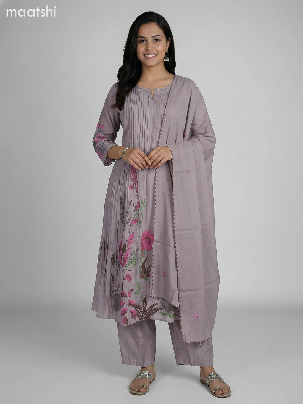 Grey Shade Chanderi Embroidery Work Anarkali Suit