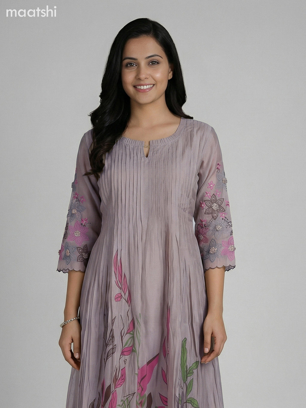 Grey Shade Chanderi Embroidery Work Anarkali Suit